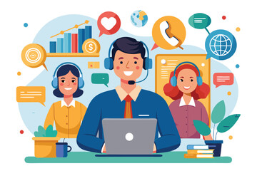 Poster - Call center operator assisting customers with inquiries in a vibrant office setting during daytime, Call center operator assisting customers with information and support, illustrated in a flat design.