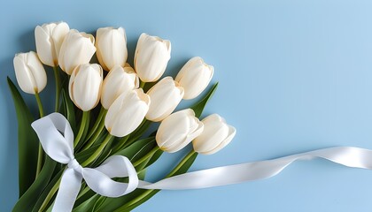 Wall Mural - Romantic pastel white tulips with a ribbon on a soft blue background exuding tenderness and charm