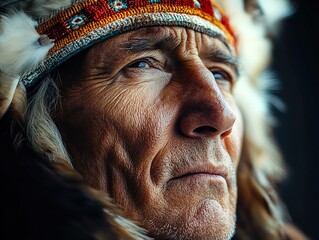 Wall Mural - Close Up Portrait of a Native American Man in Traditional Headdress