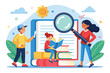 © Ifti Digital - Children exploring their curiosity with a magnifying glass and pencil while, Characters using magnifying glass and pencil to edit and correct mistakes in a book, illustrated in a flat style.