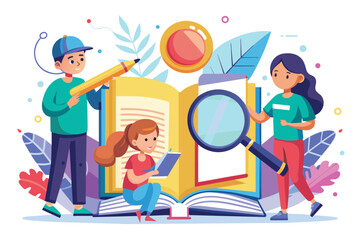 Poster - Children engaged in creative activities with a magnifying glass and pencil, Characters using magnifying glass and pencil to edit and correct mistakes in a book, illustrated in a flat style.