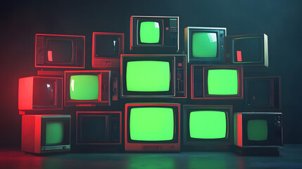 Fototapete - 3d rendered stack of classical old televisions, aged green screen tv monitors, panorama vintage chrome key TVs, vintage video element cinematic red lighting composition dynamic scene