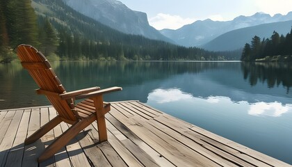 Wall Mural - Tranquil lakeside retreat with wooden chairs on a sunlit deck