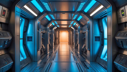 Highly Detailed Futuristic Hallway With Sleek Metallic Walls And Blue Accent Lighting Creating A Sci Fi High Tech Atmosphere