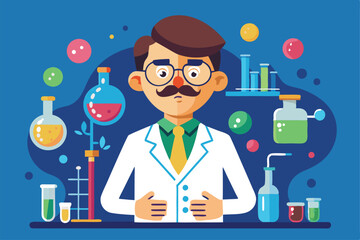 Poster - A chemist confidently works at a lab station filled with colorful glassware and liquids, engaged in research, Chemist Illustration