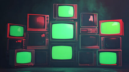 Fototapete - 3d rendered stack of classical old televisions, aged green screen tv monitors, panorama vintage chrome key TVs, vintage video element cinematic red lighting composition dynamic scene