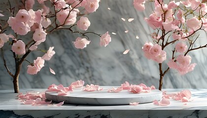 Wall Mural - Elegant stone marble podium adorned with blooming rose blossoms and scattered petals, perfect for showcasing products in a refined setting