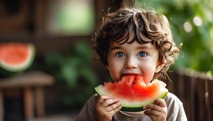 Joyful child enjoying slices of juicy watermelon in the summer sun