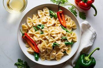 Wall Mural - Scrumptious Farfalle Pasta with Creamy Alfredo Sauce and Colorful Bell Peppers in a Clean Setting