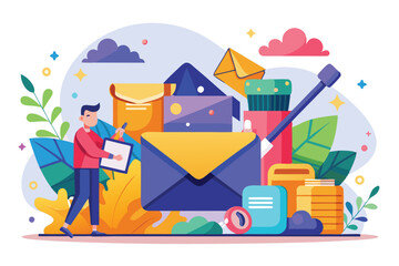 Poster - A person reviews strategies for organizing a cluttered inbox with various colorful envelopes and tools, Clean up your inbox with customizable and disproportionate illustrations.