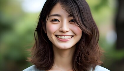 Wall Mural - Young Japanese woman showing a heartfelt smile