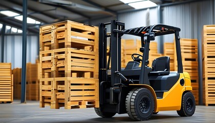 Wall Mural - Forklift unloading wooden boxes in a bustling warehouse setting