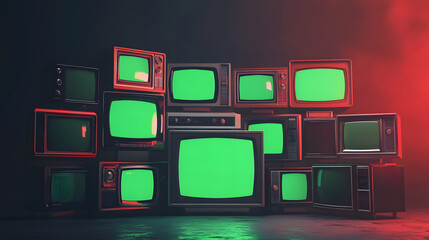 Fototapete - 3d rendered stack of classical old televisions, aged green screen tv monitors, panorama vintage chrome key TVs, vintage video element cinematic red lighting composition dynamic scene