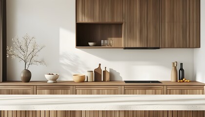 Wall Mural - Stylish Wooden Kitchen Countertop Interior with Light and Blur, Perfect for Modern Food Display and Design Showcase