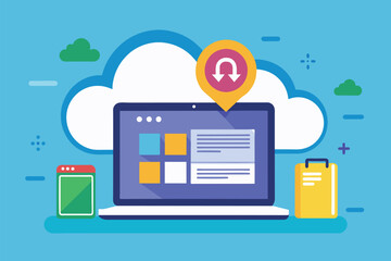 Poster - A cloud-based laptop interface shows download management tools, enhancing productivity for users, Cloud-based laptop with download management for workers, illustrated in a flat style.