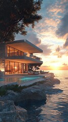 Wall Mural - Oceanfront home with stunning sunsets creating a serene atmosphere wallpaper