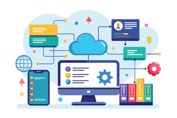 Poster - The illustration portrays cloud data management with devices displaying charts and various information tools, Cloud data information in a flat illustration.