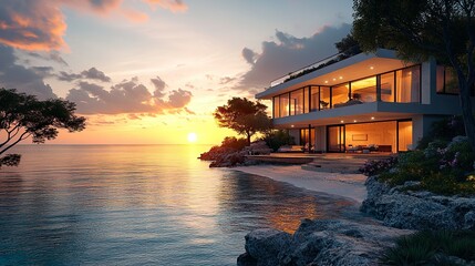 Wall Mural - Contemporary oceanfront beautiful beach house stunning sunset views wallpaper