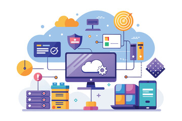 Poster - a digital representation of cloud data management, showcasing synchronization tools and interfaces, 