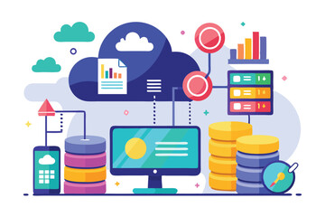 Poster - Illustration showing cloud database storage analysis with devices and data visualizations in flat design, Cloud database storage analysis, flat image.