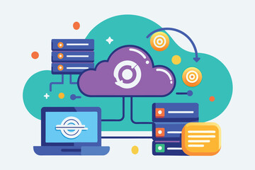 Poster - A vibrant cloud service illustration depicting data synchronization between devices and servers, Cloud service with sync sign, flat illustration.