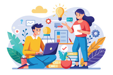 Poster - A man crouches with a laptop while a woman shares ideas, surrounded by charts and plants in a bright workspace, Collaborate to plan a trending, flat illustration strategy.
