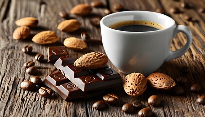 Wall Mural - Elegant Monochrome Coffee Arrangement Featuring Black Coffee, Almond Chocolate, and Coffee Beans on Rustic Wooden Table