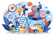 © Ifti Digital - A group of professionals work together, using laptops, to reach their career aspirations in a vibrant setting, Collaborating with partners to achieve career goals, illustrated in a simple way.