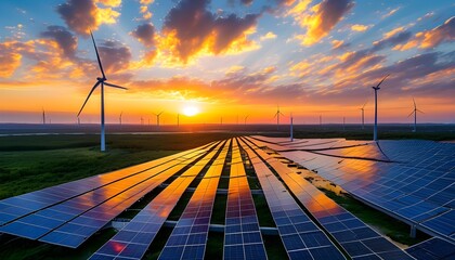 Wall Mural - Sustainable energy landscape with solar panels and wind turbines under a vibrant sunset sky promoting renewable power for an eco-friendly future