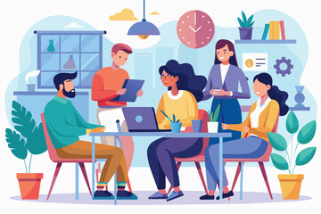 Poster - Colleagues collaborating in a modern startup meeting space while brainstorming ideas together, Colleagues coworking in a startup meeting, discussing and working together as a team. Flat illustration.