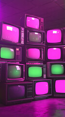 Poster - vertical 3d render stack classical old televisions, green screen tv monitors realistic vintage chrome key TVs vintage video element cinematic purple lighting composition dynamic scene reel background
