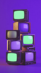 Poster - vertical 3d render stack classical old televisions, green screen tv monitors realistic vintage chrome key TVs vintage video element cinematic purple lighting composition dynamic scene reel background