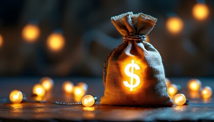 Wall Mural - Illuminating Financial Ideas with a Burlap Bag and Glowing Dollar Sign in a Dynamic Business Setting