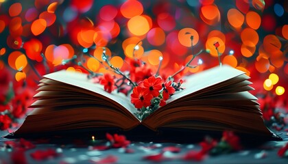 Wall Mural - Enchanting Open Book Surrounded by Colorful Defocused Lights and Red Floral Accents, Creating a Warm Holiday Atmosphere with a Magical Bokeh Effect