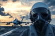 © Ala - A determined navy pilot prepares for takeoff on a carrier's flight deck under a stunning sunset sky