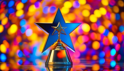 Wall Mural - Star Trophy Award on Reflective Gradient Background with Colorful Reflections Symbolizing Achievement and Excellence for Celebrations and Recognition Ceremonies