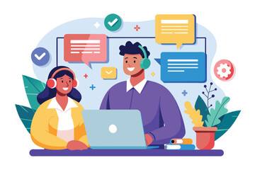 Poster - A diverse team of support agents engages with clients through a laptop, addressing service complaints collaboratively, Complaint about support service concept, flat illustration.