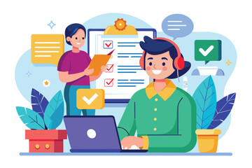 Poster - A customer support representative addresses a complaint while a customer observes nearby, focused on resolving issues, Complaint about support service concept, flat illustration.