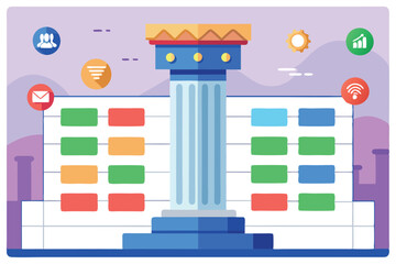 Poster - a colorful schedule layout features task markers and a decorative pillar surrounded by various icons