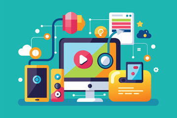 Fototapete - Colorful digital devices display interactive gameplay elements set against a vibrant backdrop, Computer concept flat illustration of playing mp3.