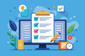 Poster - A colorful checklist appears on a computer screen, complete with ticks and vibrant icons, enhancing productivity, Computer data checklist, illustrated flatly.