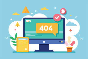 A colorful display shows a 404 error on a computer screen with decorative elements surrounding it, Computer screen displaying a flat illustration of a 404 error concept.