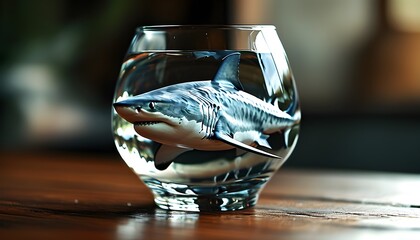 shark swimming in a glass of water, surreal and imaginative concept of marine life