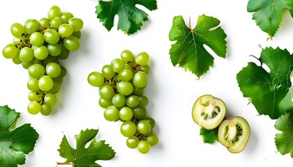 Wall Mural - Fresh green grapes and sliced halves arranged in a vibrant flat lay on a clean white background