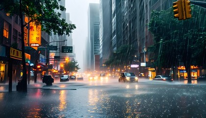 Wall Mural - stormy cityscape with pouring rain and dramatic skies