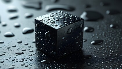 Abstract Minimalist Black Cube with Water Droplets: A Modern Design Concept for Technology Backgrounds and Graphic Design Projects