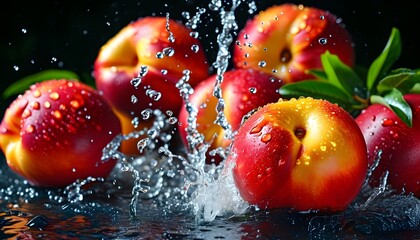 Wall Mural - Refreshing Nectarines Splashing in Water on Black Background, Juicy Fruit Highlighting Summer Vibrance for Healthy Living and Clean Eating Concepts