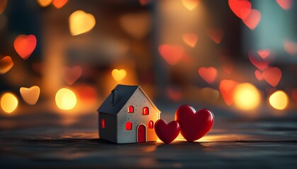 Wall Mural - Romantic Valentines Day Evening with Red Hearts, Cozy Lighting, and Dreamy House Models Creating a Heartwarming Ambiance