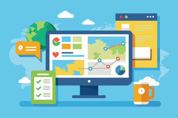 Poster - A workspace features a computer with a map, schedule, and a checklist, aiding in travel planning, Computer with map and schedule, flat illustration.