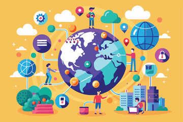 Poster - A colorful depiction of a connected world showcasing various customizable interactions and activities, Connected world with customizable and disproportionate illustrations.